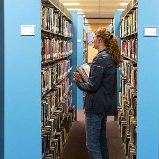 A female student peruses books in the Hardin-Simmons library.